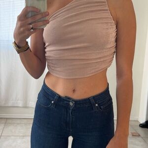 Pink Asymmetrical Ruched Crop Tank Top